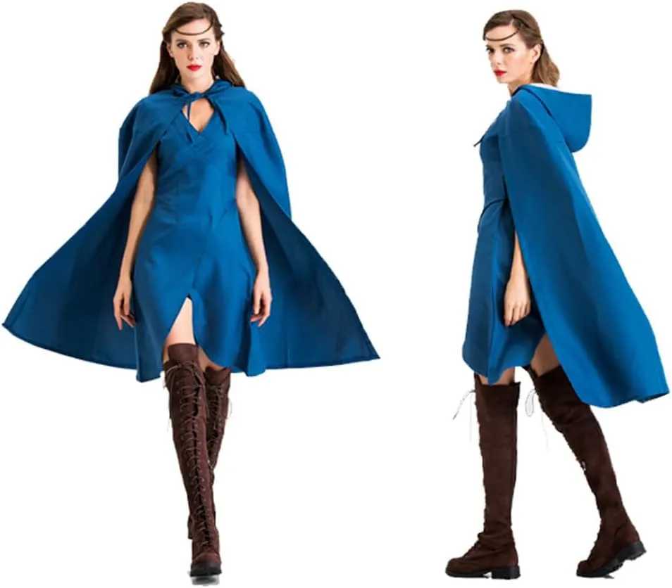 Queen Daenerys Targaryen Costume Blue Dress Cloak Anime Dragon Daenerys Cosplay Dress Wig for Halloween party