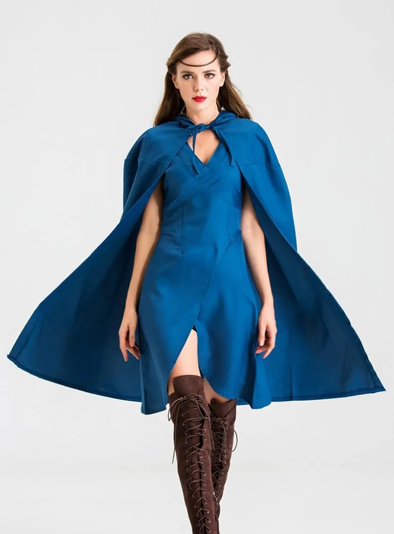 Queen Daenerys Targaryen Costume Blue Dress Cloak Anime Dragon Daenerys Cosplay Dress Wig for Halloween party