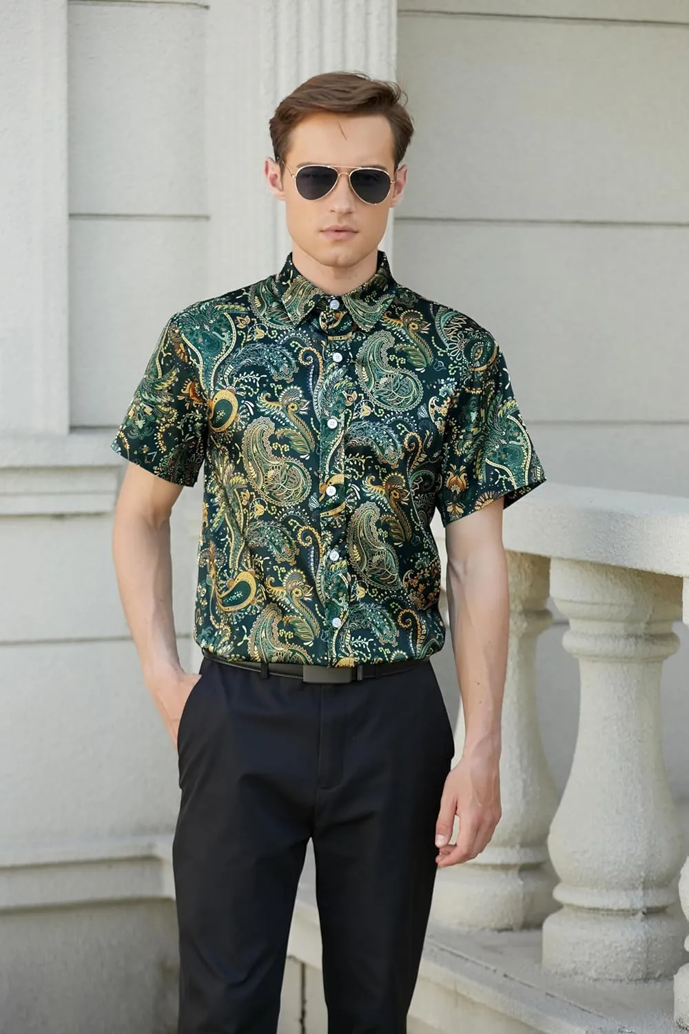 QZH.DUAO Mens 70s Disco Party Shirts Casual Paisley Button Down Shirt Vintage Floral Hawaiian Beach Short Sleeve Shirt