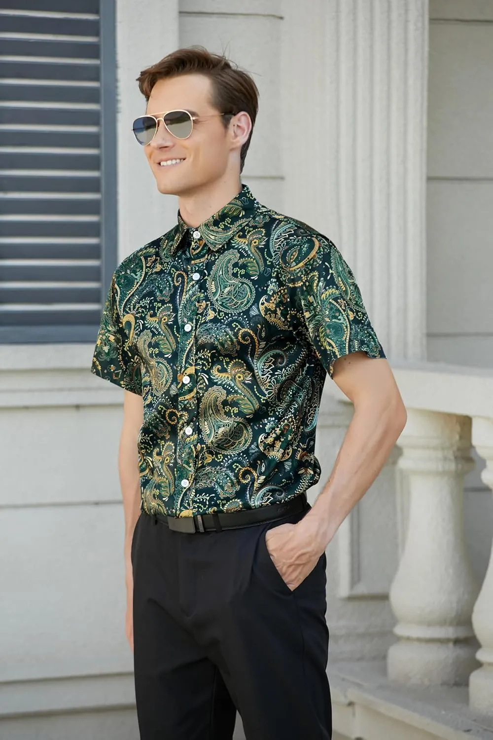 QZH.DUAO Mens 70s Disco Party Shirts Casual Paisley Button Down Shirt Vintage Floral Hawaiian Beach Short Sleeve Shirt