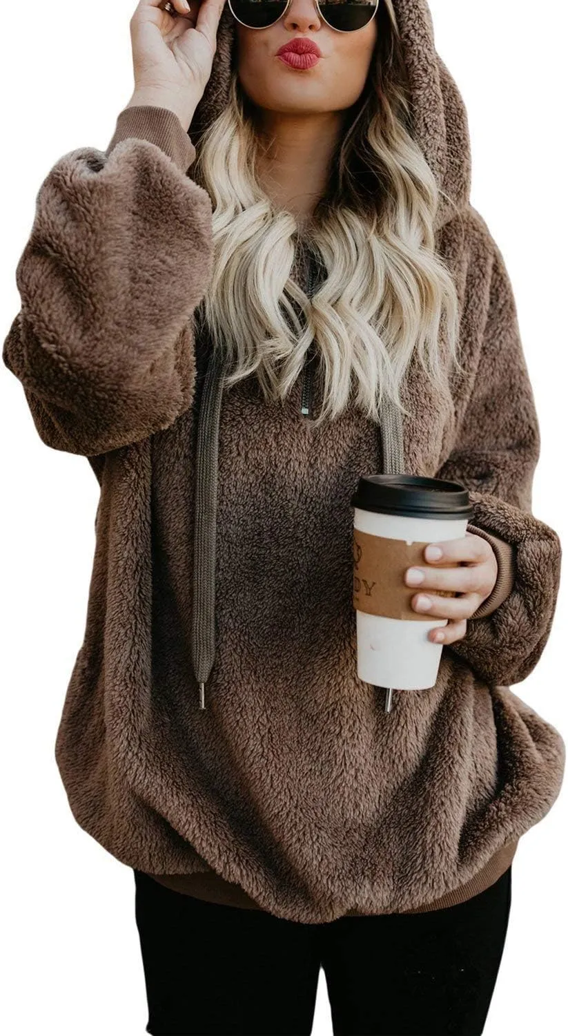 ReachMe Womens Oversized Sherpa Pullover Hoodie with Pockets Fuzzy Fleece Sweatshirt Plaid Fluffy Jacket Coat