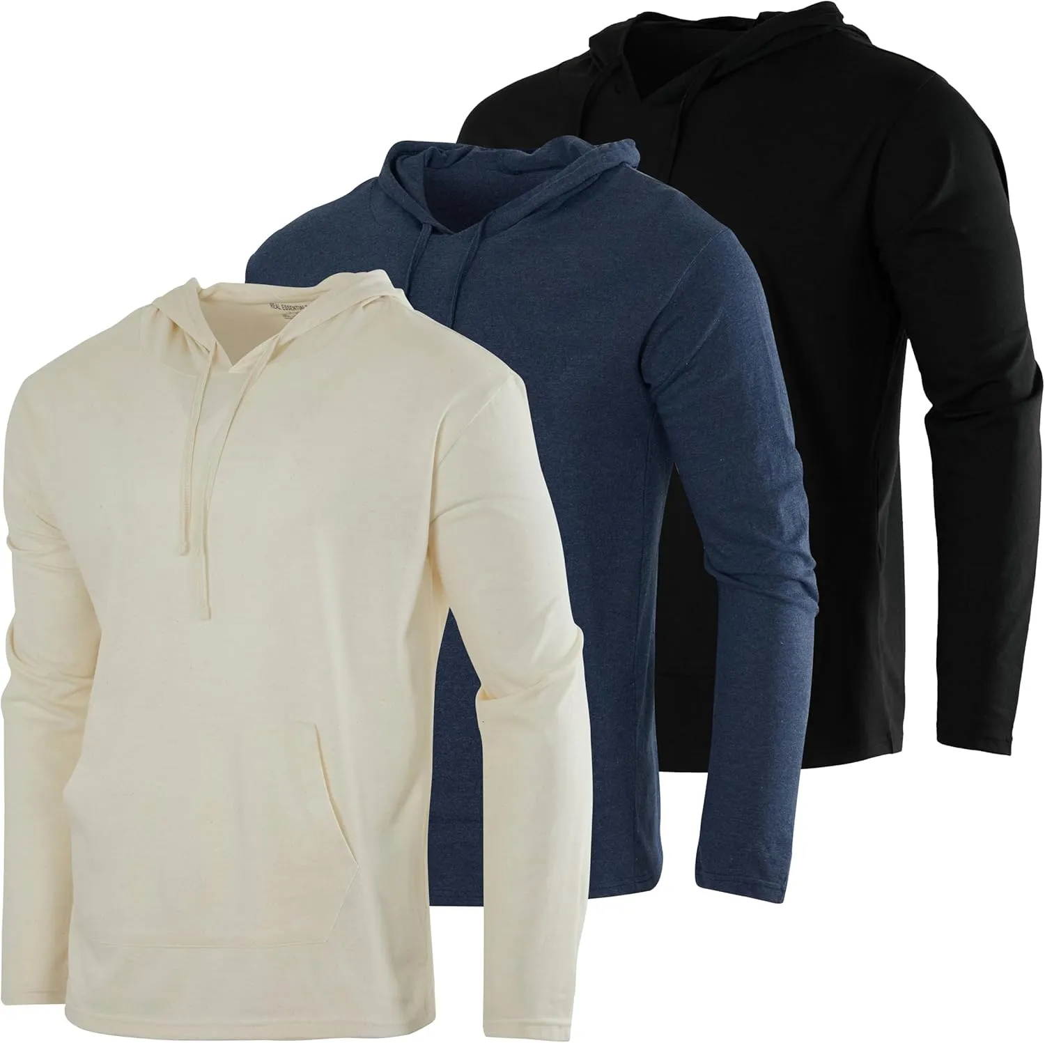 Real Essentials 3 Pack: Men's Cotton Lightweight Casual Pullover Drawstring Hoodie With Pocket (Available In Big & Tall)