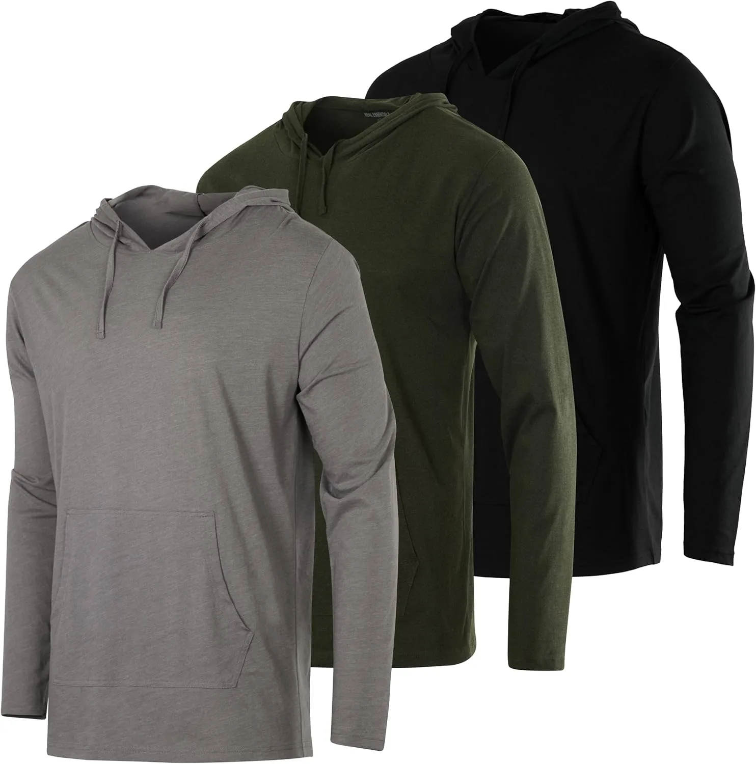 Real Essentials 3 Pack: Men's Cotton Lightweight Casual Pullover Drawstring Hoodie With Pocket (Available In Big & Tall)