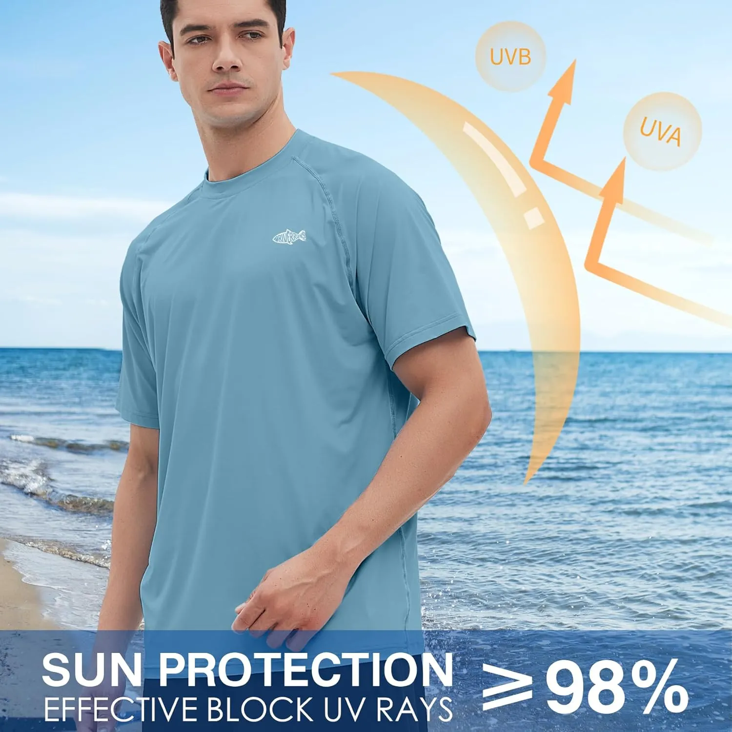 Riverruns Men's Rash Guard Swim Shirt Short Sleeve Quick Dry UPF 50  Sun Protection Fishing T-Shirt