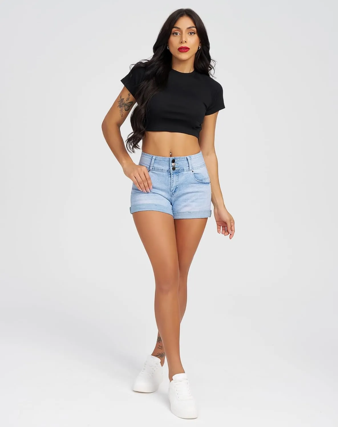roswear Women's High Waisted Stretchy Denim Shorts Cuffed Jean Shorts