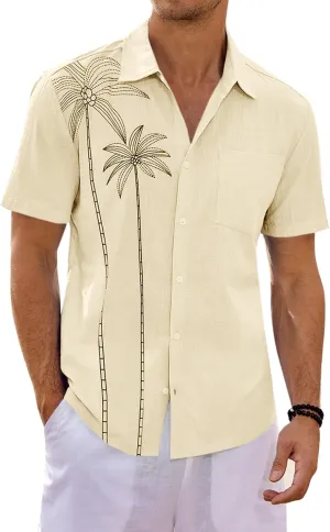 Runcati Mens Hawaiian Shirt Short Sleeve Button Down Summer Beach Vacation Cotton Linen Shirts