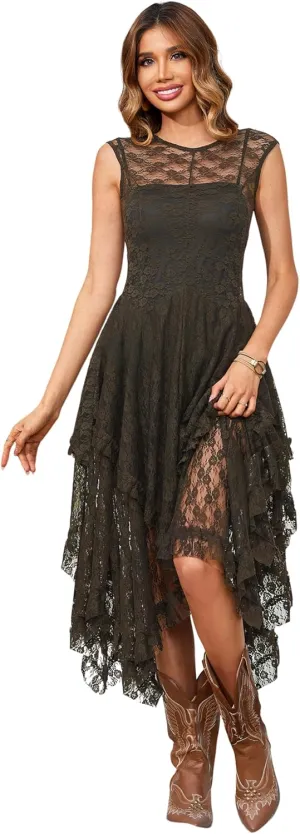 R.Vivimos Womens Sleeveless Backless Asymmetrical Layered Lace Long Dress with Slip Two Pieces