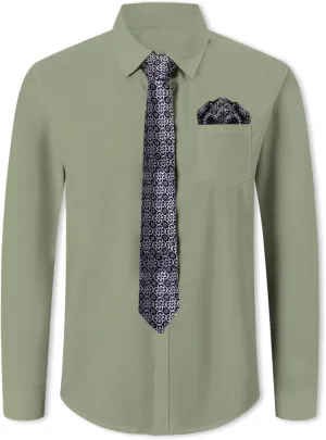 SANGTREE Mens Dress Shirt and Tie Set, Long Sleeve Button Down Shirt with Matching Tie and Handkerchief