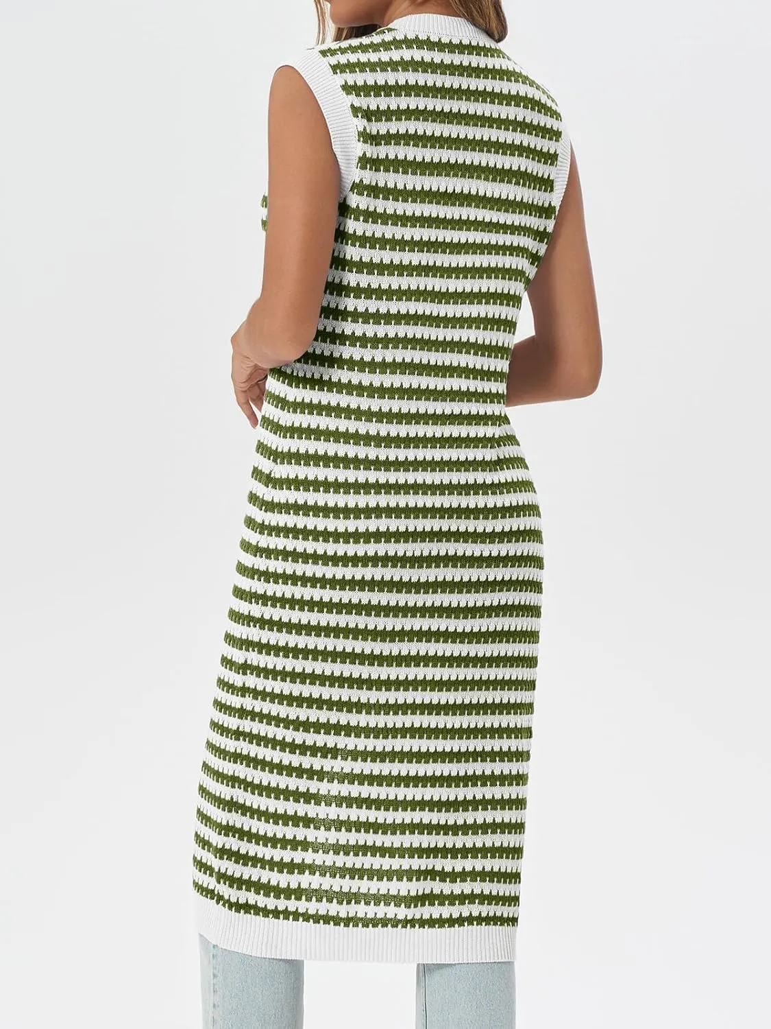 Saodimallsu Womens Striped Midi Dress Summer Button Down Sleeveless V Neck Knit Sweater Dresses Long Cardigan Vest