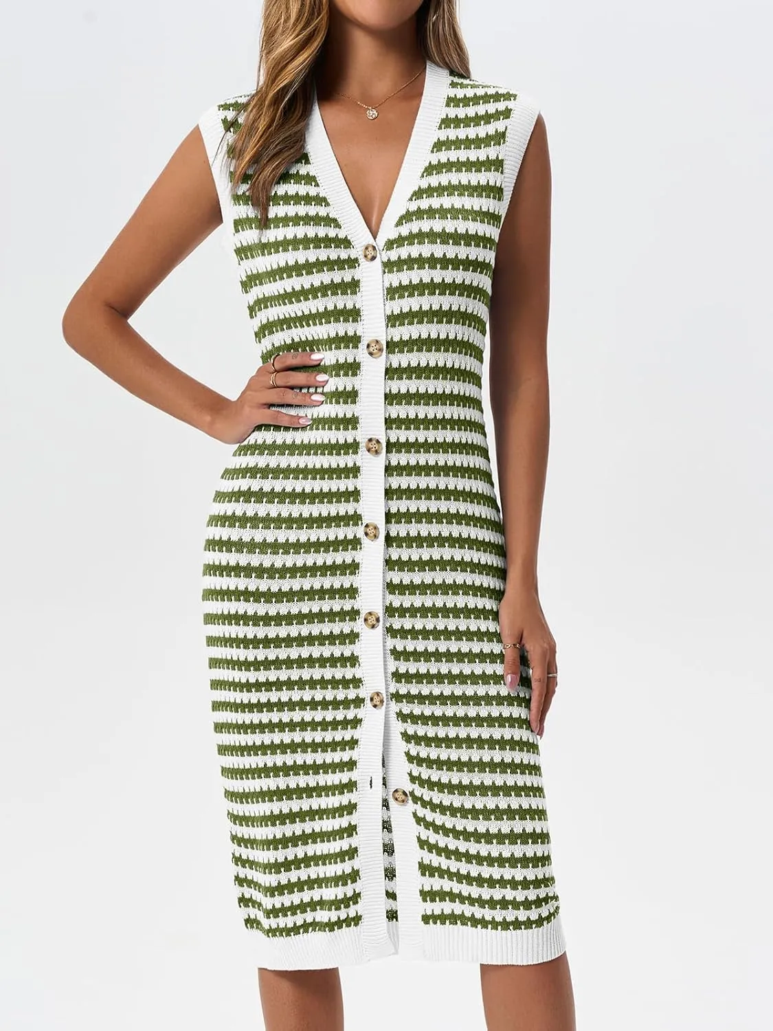 Saodimallsu Womens Striped Midi Dress Summer Button Down Sleeveless V Neck Knit Sweater Dresses Long Cardigan Vest