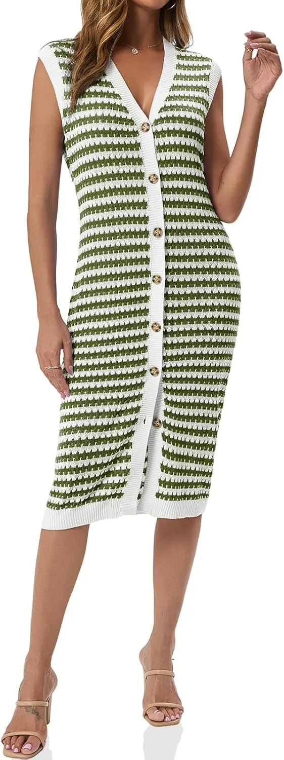 Saodimallsu Womens Striped Midi Dress Summer Button Down Sleeveless V Neck Knit Sweater Dresses Long Cardigan Vest