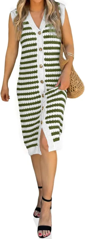 Saodimallsu Womens Striped Midi Dress Summer Button Down Sleeveless V Neck Knit Sweater Dresses Long Cardigan Vest