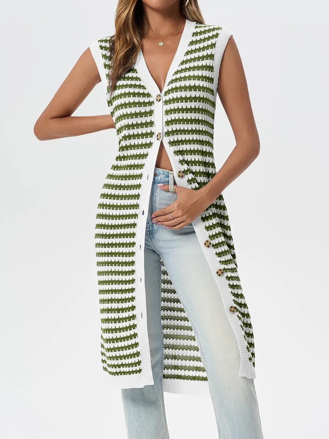 Saodimallsu Womens Striped Midi Dress Summer Button Down Sleeveless V Neck Knit Sweater Dresses Long Cardigan Vest