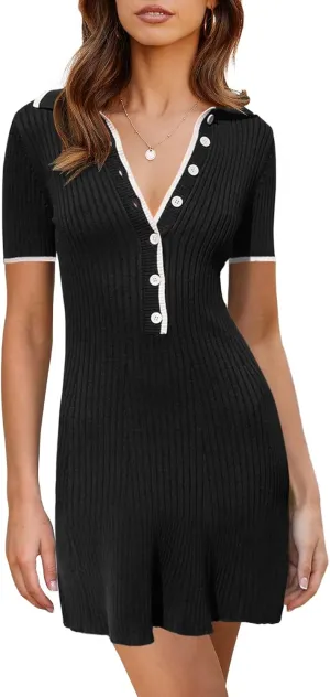 Saodimallsu Womens V Neck Short Sleeve Slim Fit Bodycon Sweater Dress Button Up Ribbed Knit Mini Summer Dresses