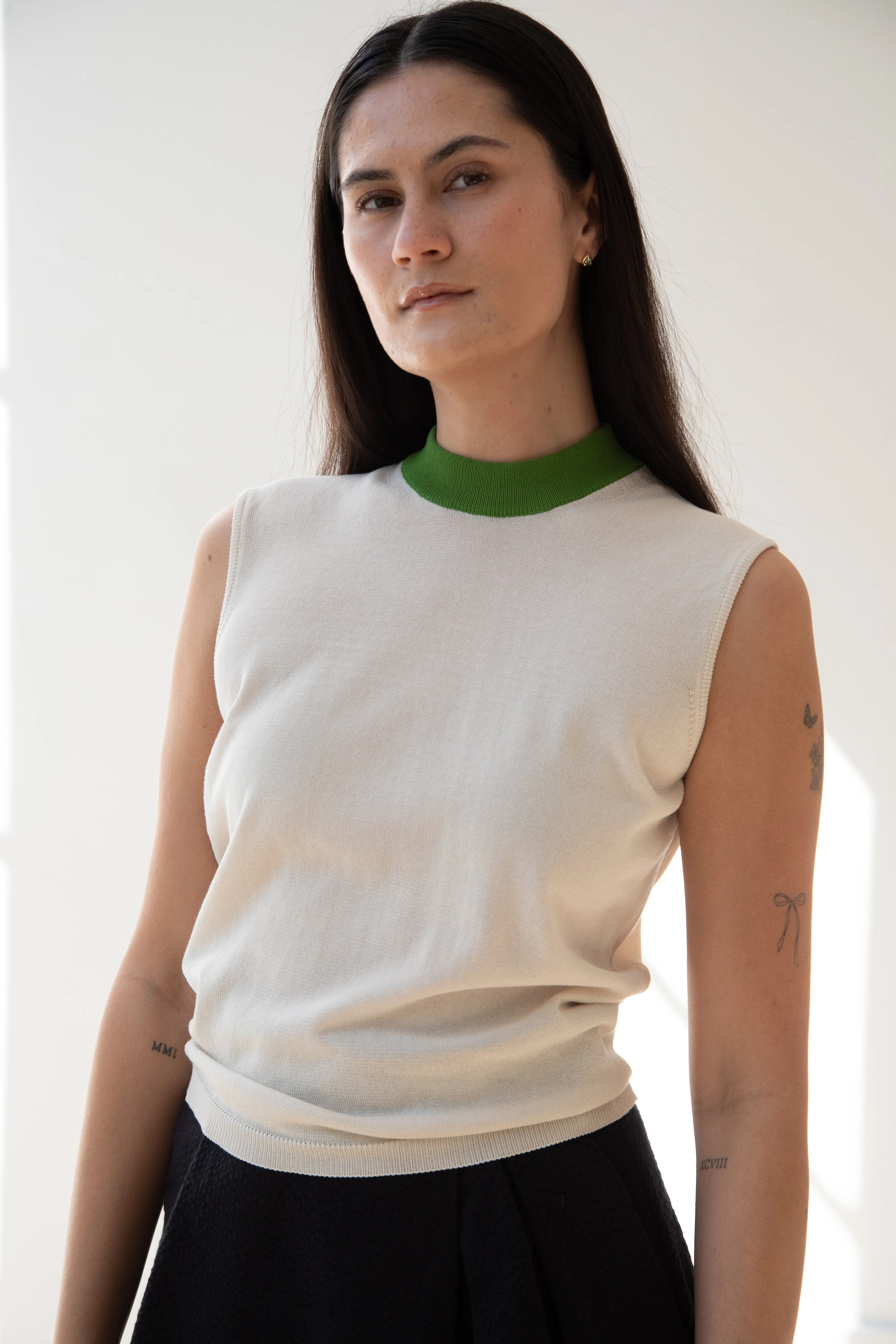 Sara Lanzi | Mock Neck Top in Cream & Green