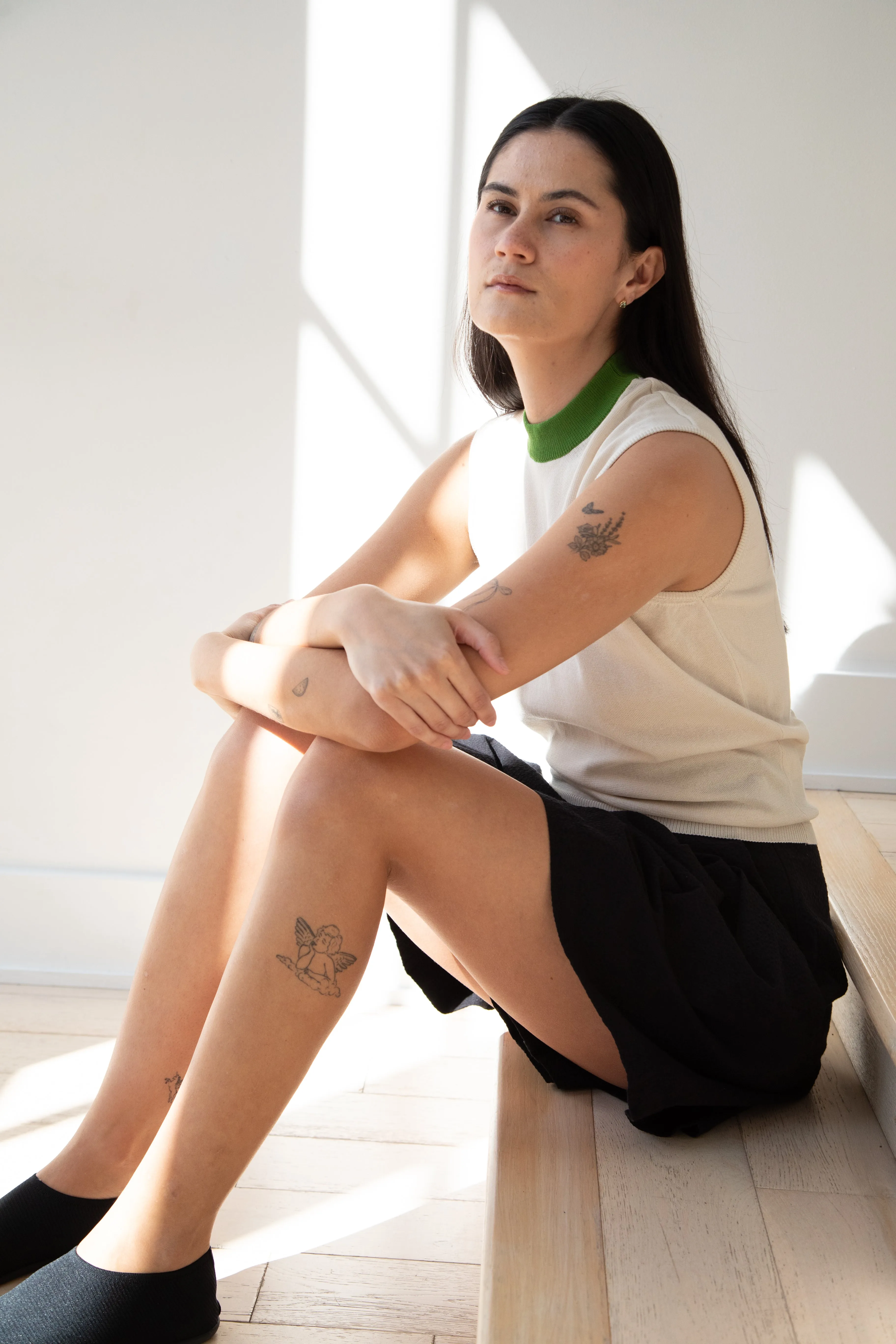 Sara Lanzi | Mock Neck Top in Cream & Green