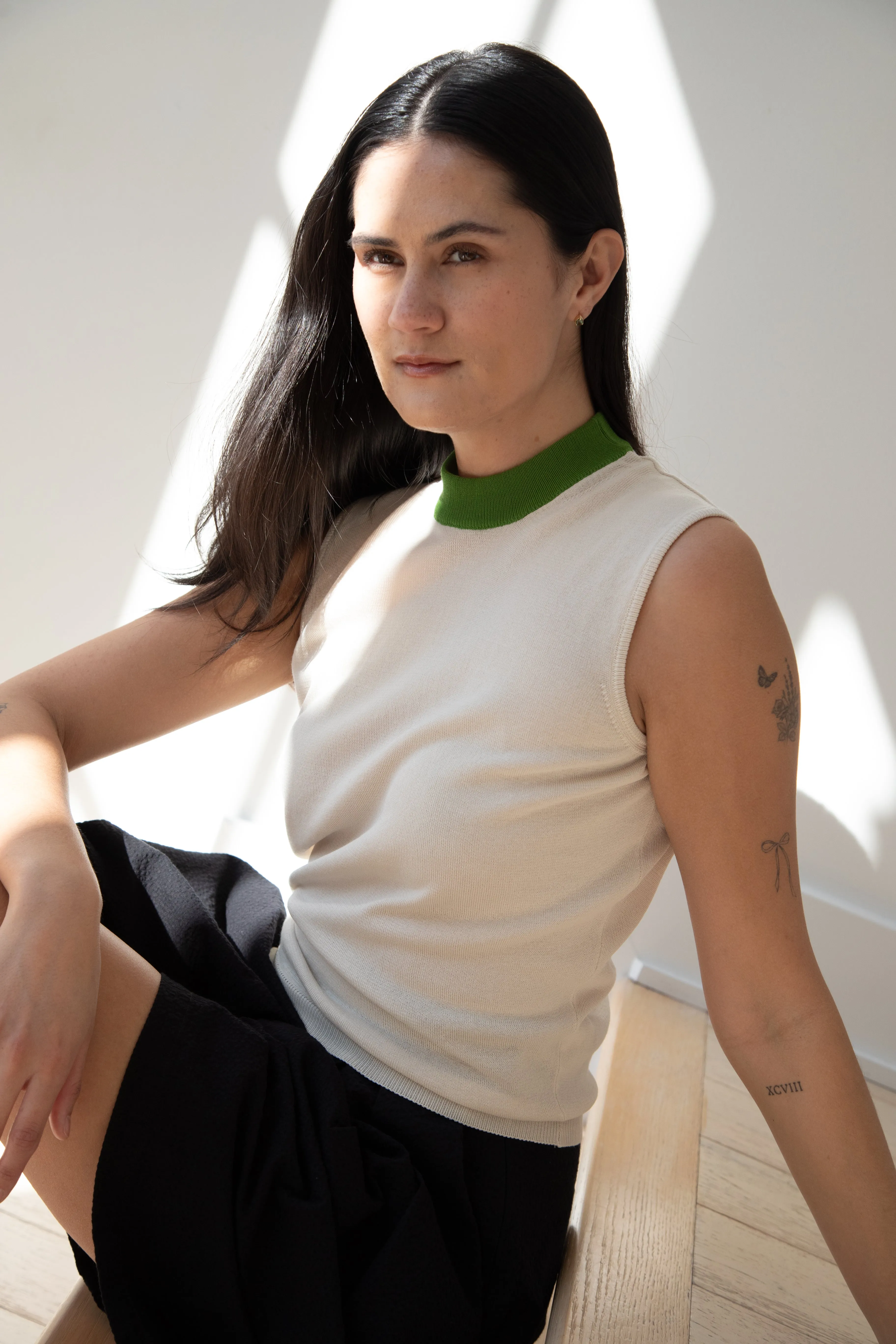 Sara Lanzi | Mock Neck Top in Cream & Green