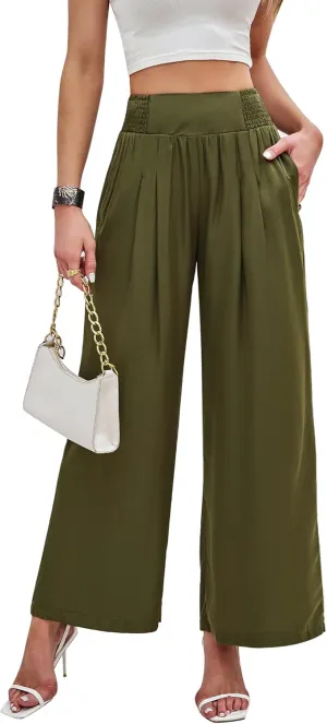 SDEER Women's Elastic Wide Leg Pants High Waist Pure Color Loose Fit Long Pants Casual Palazzo Trousers with Pockets