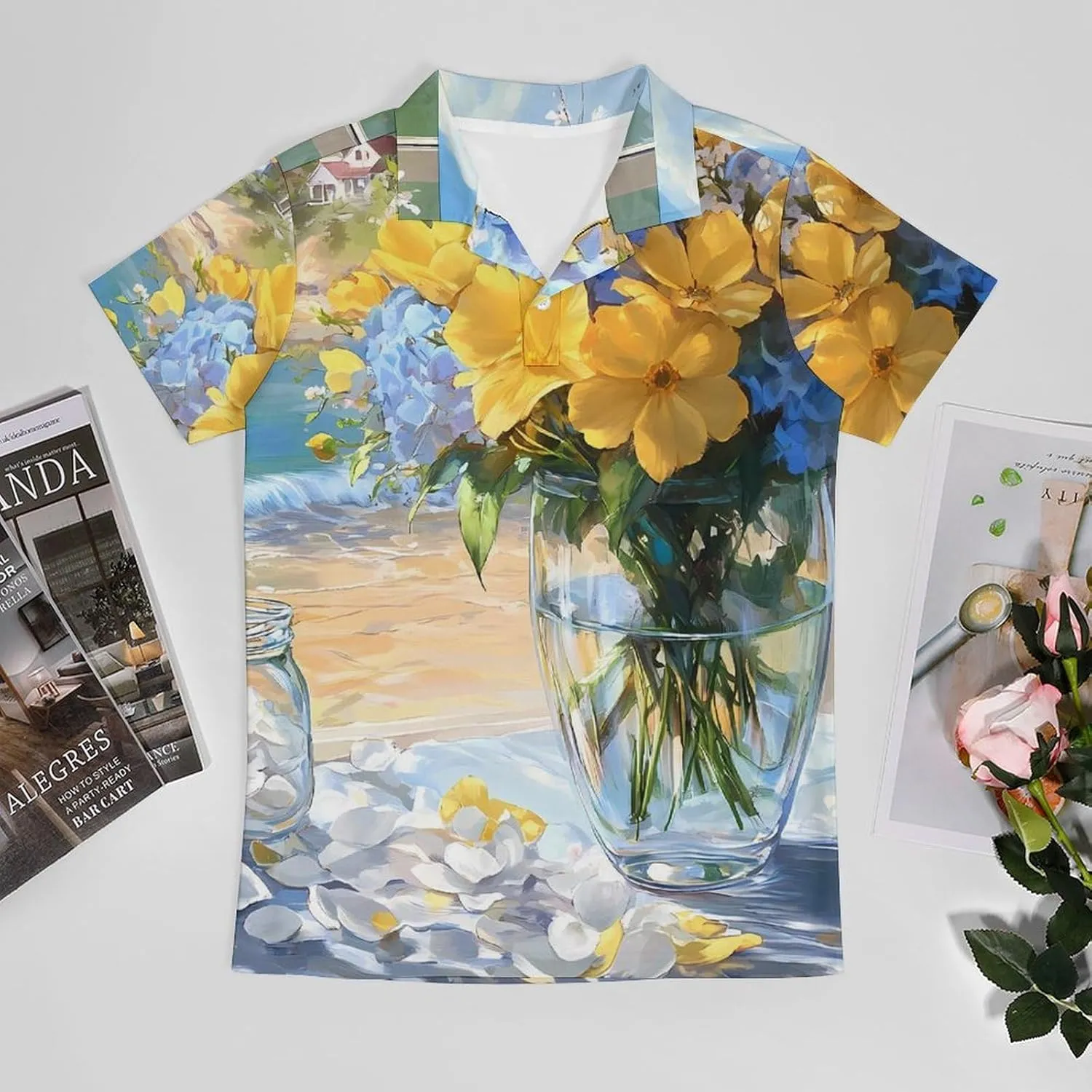 Seaside Bouquet Hydrangea Flowers Men's Polo-Shirt Regular-Fit Short Sleeve Sports Quick Dry Golf Tennis T-Shirt