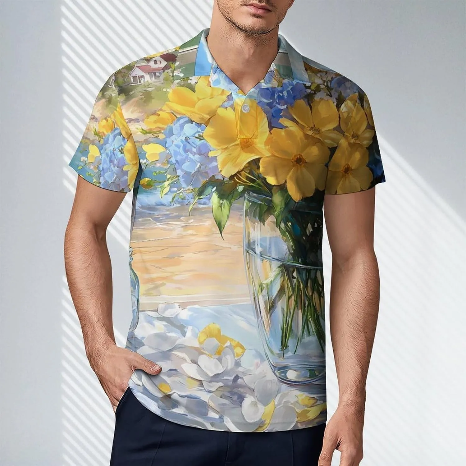 Seaside Bouquet Hydrangea Flowers Men's Polo-Shirt Regular-Fit Short Sleeve Sports Quick Dry Golf Tennis T-Shirt
