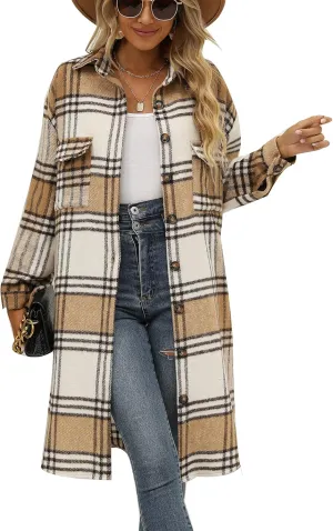 SeekMe Women's Long Plaid Shirt Jacket Shacket Lapel Button Down Woolen Blend Casual Tartan Over Shirt Trench Coat