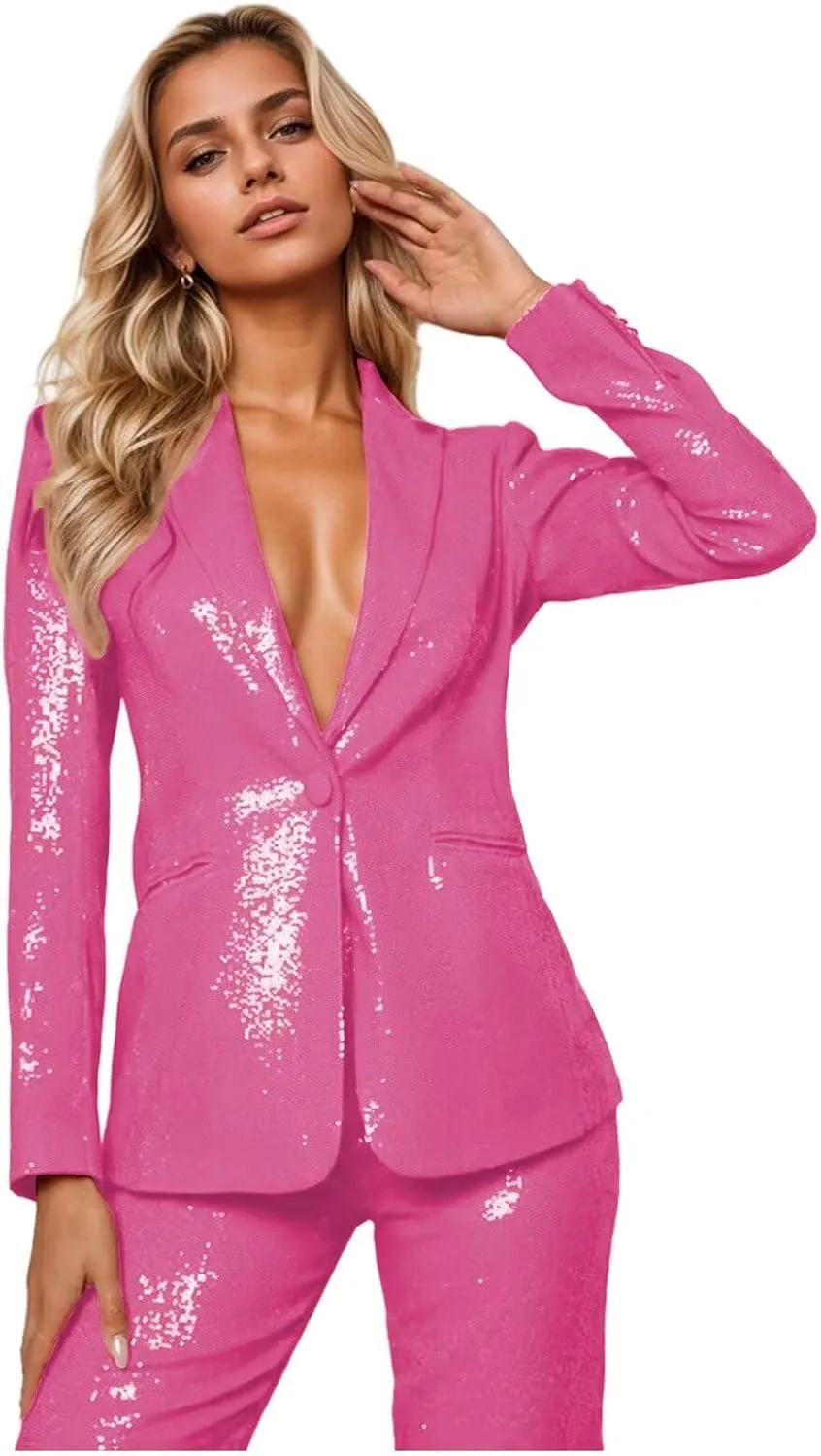 Sequin Womens Suit 2 Piece Set Dressy Sexy V Neck Wedding Tuxedos Glitter Sparkly Blazer Pants Prom Party Outfit