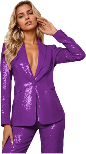 Sequin Womens Suit 2 Piece Set Dressy Sexy V Neck Wedding Tuxedos Glitter Sparkly Blazer Pants Prom Party Outfit