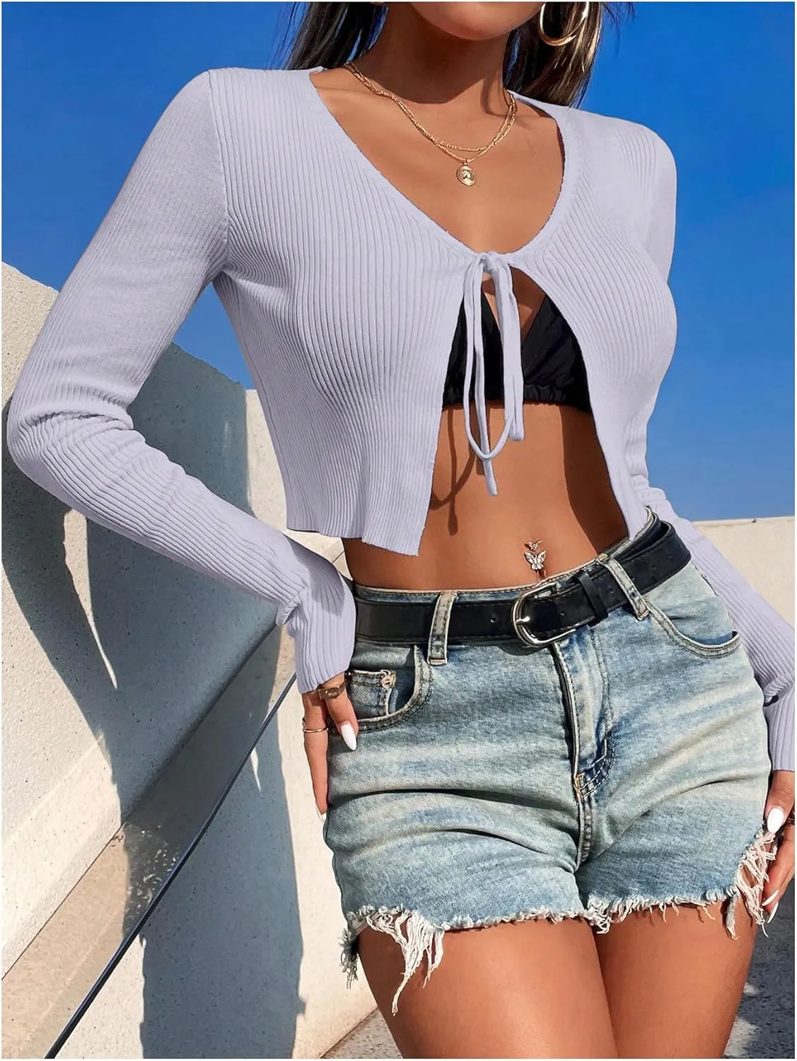 SHENHE Women's V Neck Ribbed Knit Tie Front Cropped Plain Long Sleeve Cardigan Outwear