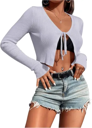 SHENHE Women's V Neck Ribbed Knit Tie Front Cropped Plain Long Sleeve Cardigan Outwear