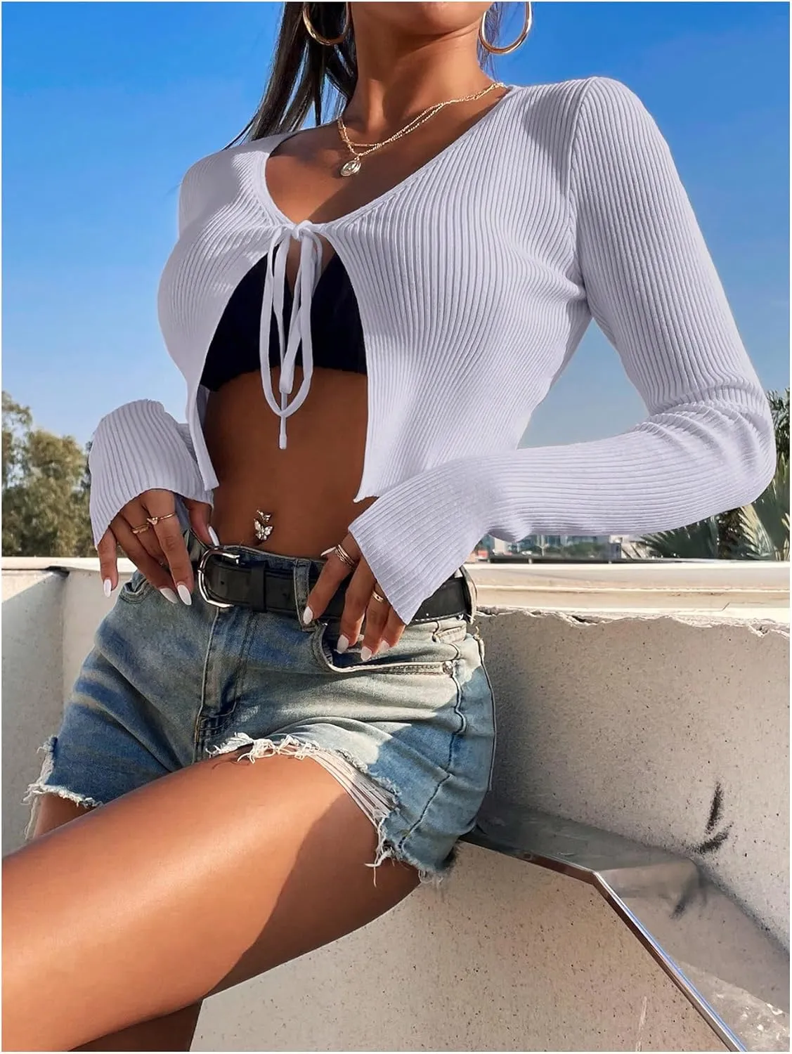 SHENHE Women's V Neck Ribbed Knit Tie Front Cropped Plain Long Sleeve Cardigan Outwear