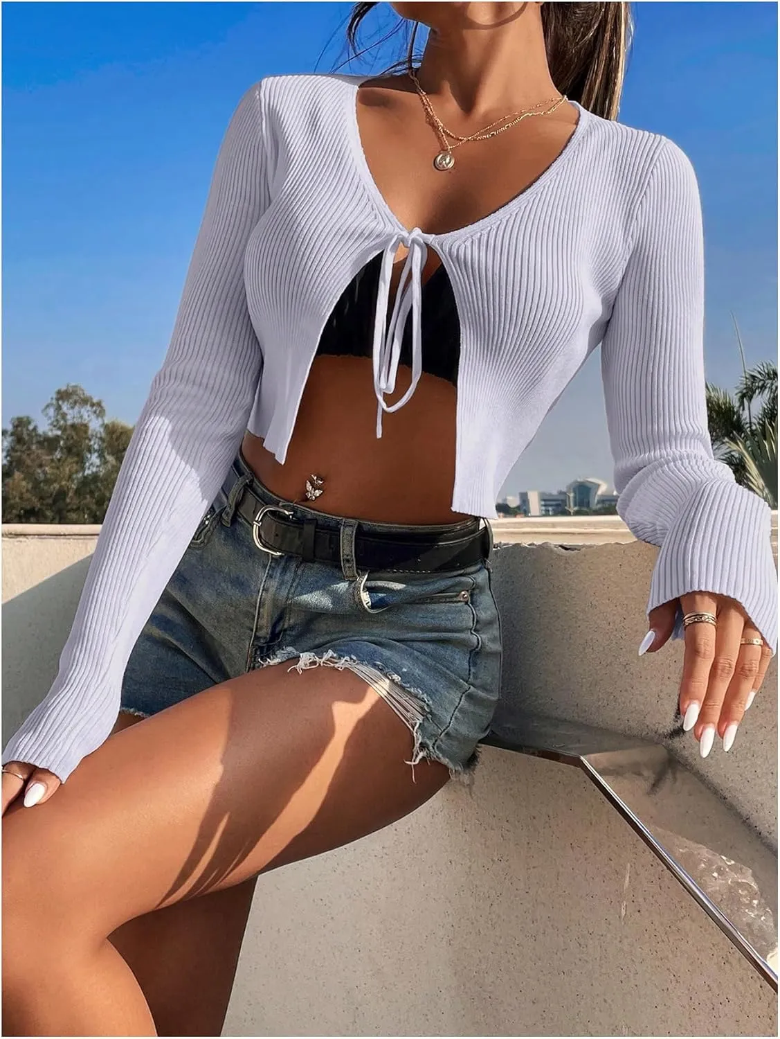 SHENHE Women's V Neck Ribbed Knit Tie Front Cropped Plain Long Sleeve Cardigan Outwear