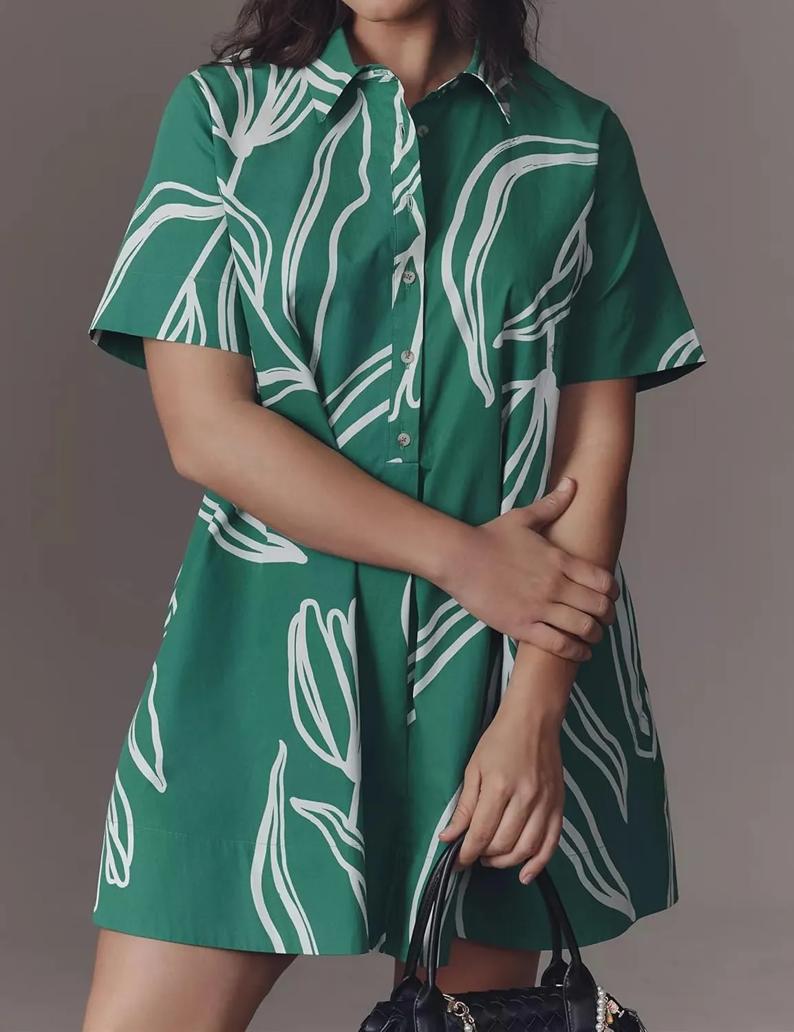 Short Sleeve Swing Tunic Mini Dress for Women Button Up Shirt Blouse Short Dress Summer Casual Flowy A Line Dress