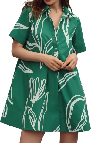 Short Sleeve Swing Tunic Mini Dress for Women Button Up Shirt Blouse Short Dress Summer Casual Flowy A Line Dress
