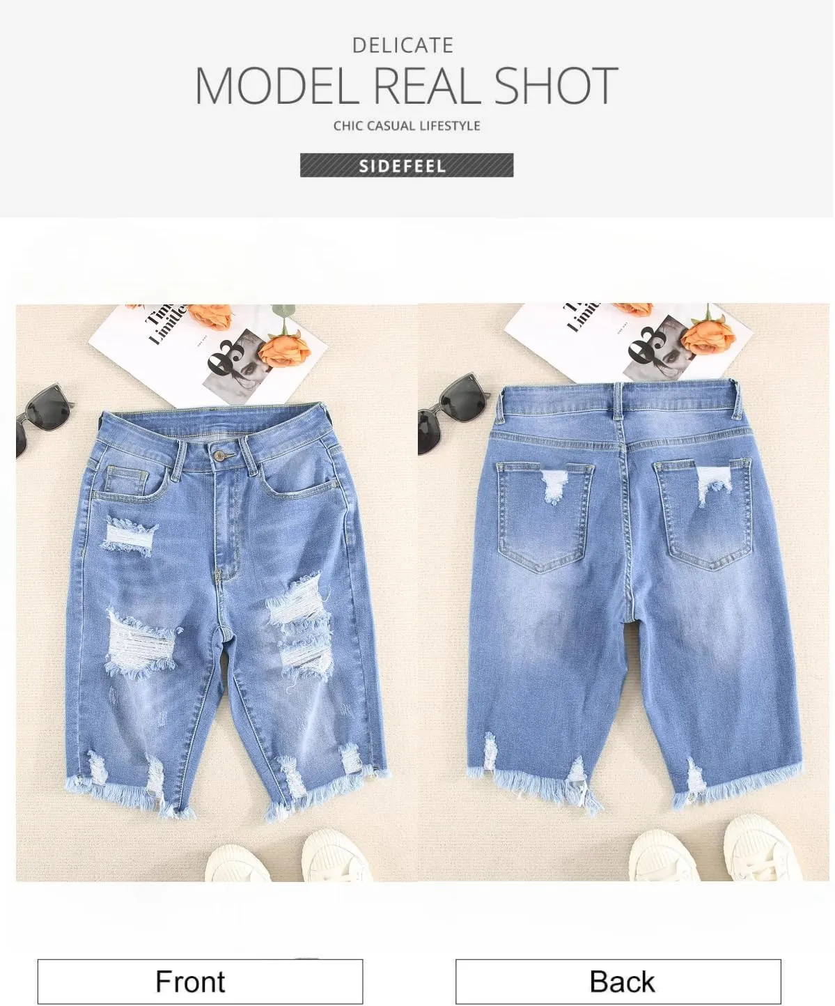 Sidefeel Women's Bermuda Shorts Raw Hem Summer Denim Pants Zimbaplatinum Jean Shorts