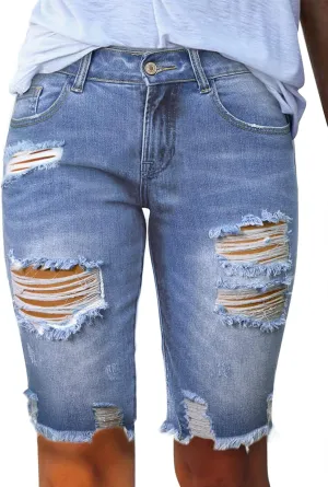Sidefeel Women's Bermuda Shorts Raw Hem Summer Denim Pants Zimbaplatinum Jean Shorts
