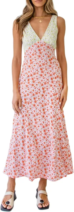 SOLILOQUY Women 2023 Summer Maxi Dresses Floral Print Y2k Tank Cami Dress Trendy Boho Beach Satin Long Sundress