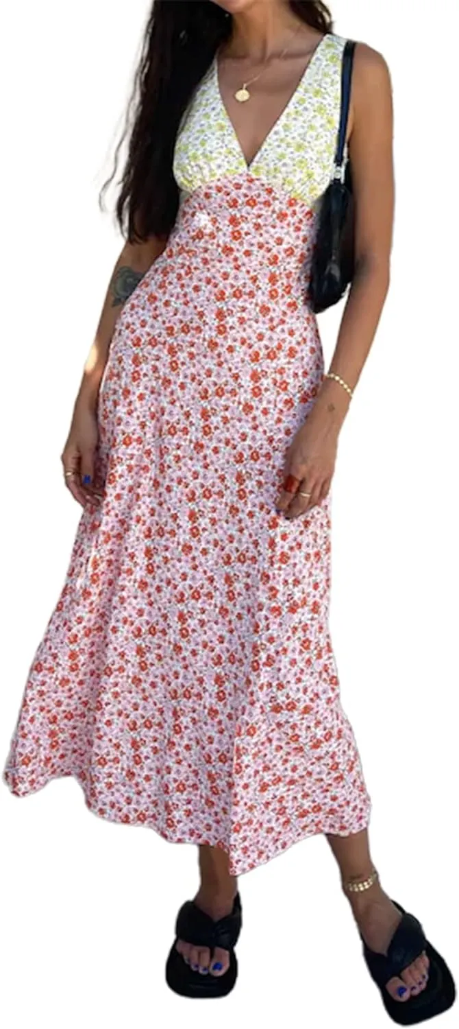 SOLILOQUY Women 2023 Summer Maxi Dresses Floral Print Y2k Tank Cami Dress Trendy Boho Beach Satin Long Sundress