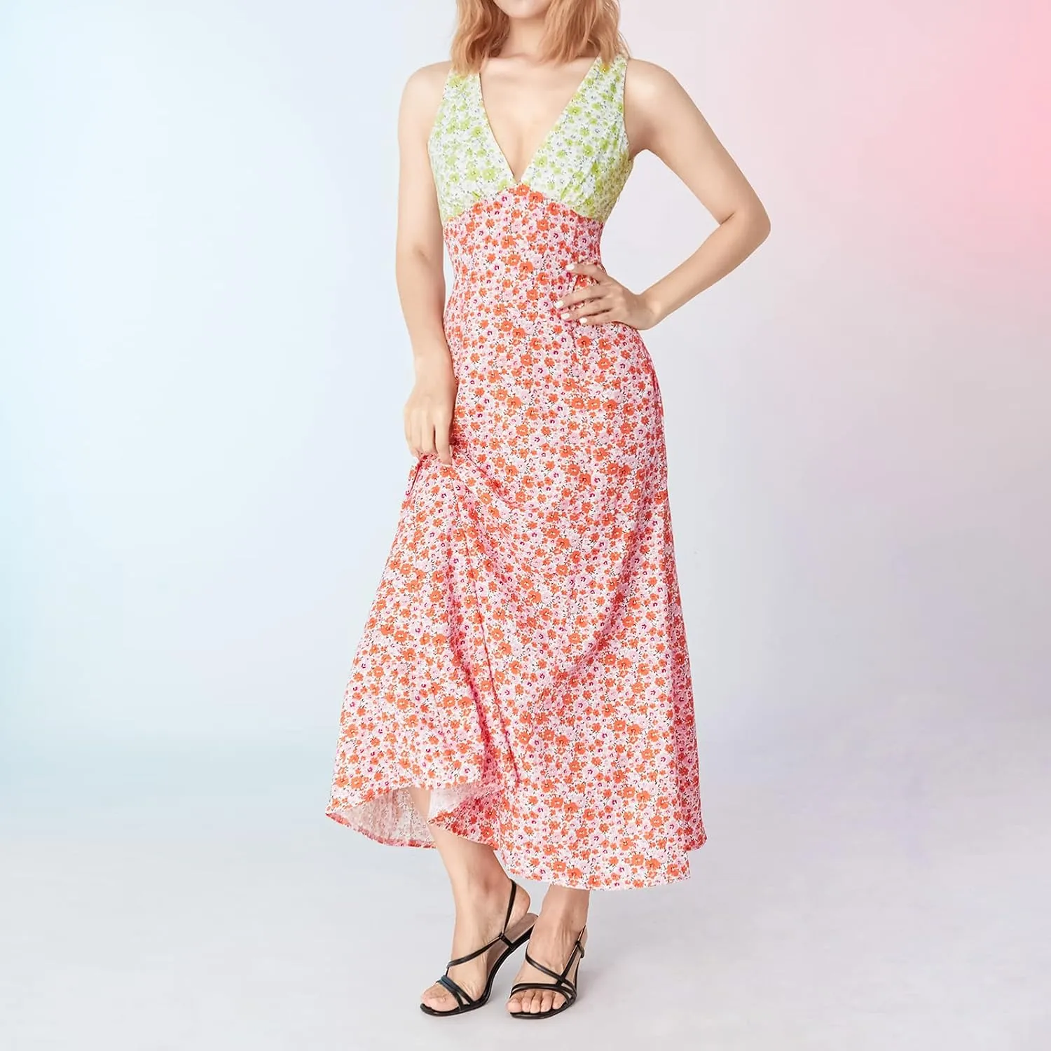 SOLILOQUY Women 2023 Summer Maxi Dresses Floral Print Y2k Tank Cami Dress Trendy Boho Beach Satin Long Sundress