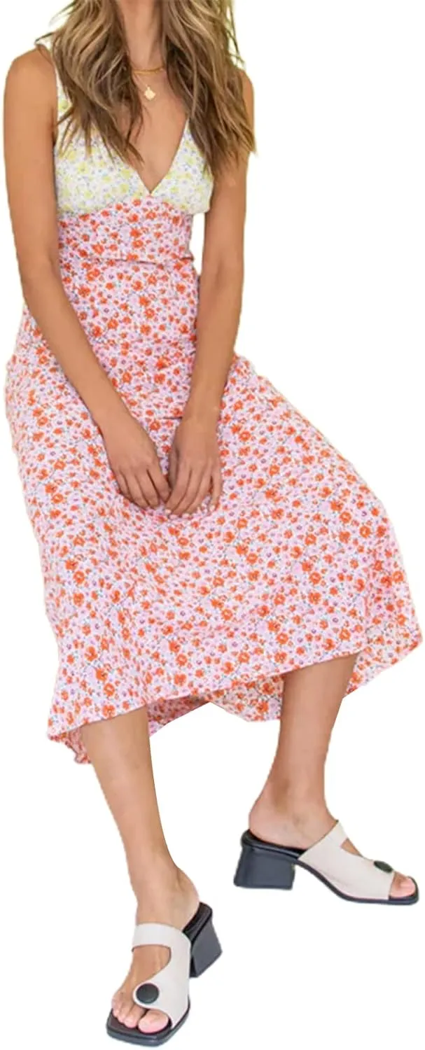 SOLILOQUY Women 2023 Summer Maxi Dresses Floral Print Y2k Tank Cami Dress Trendy Boho Beach Satin Long Sundress
