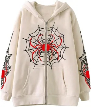Spider Zip Up Hoodie for Women Y2K Gothic Grunge Long Sleeve Vintage Graphic Oversized Zipper Aesthetic Sweatshirt