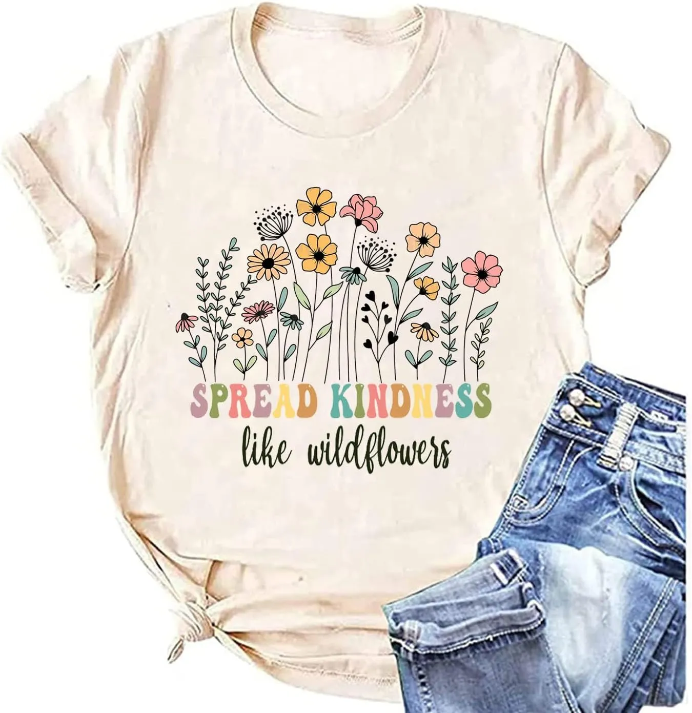 Spread Kindness Like Wildflower T-Shirt Women Casual Inspirational Teacher Be Kind Shirt Plant Lover Tee Tops