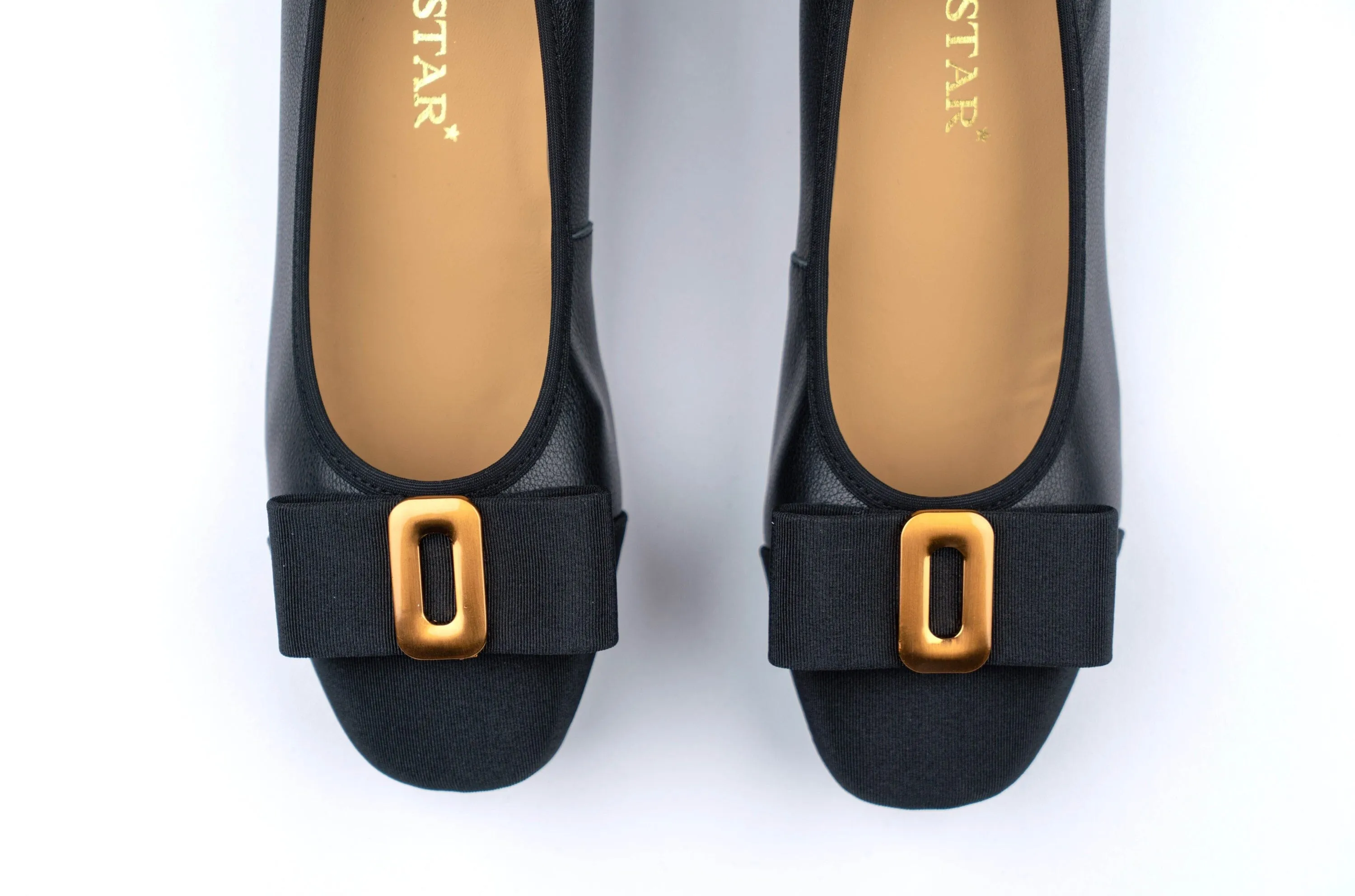 SS23002 Leather pumps with bow& gold buckle block heel ( new arrival)