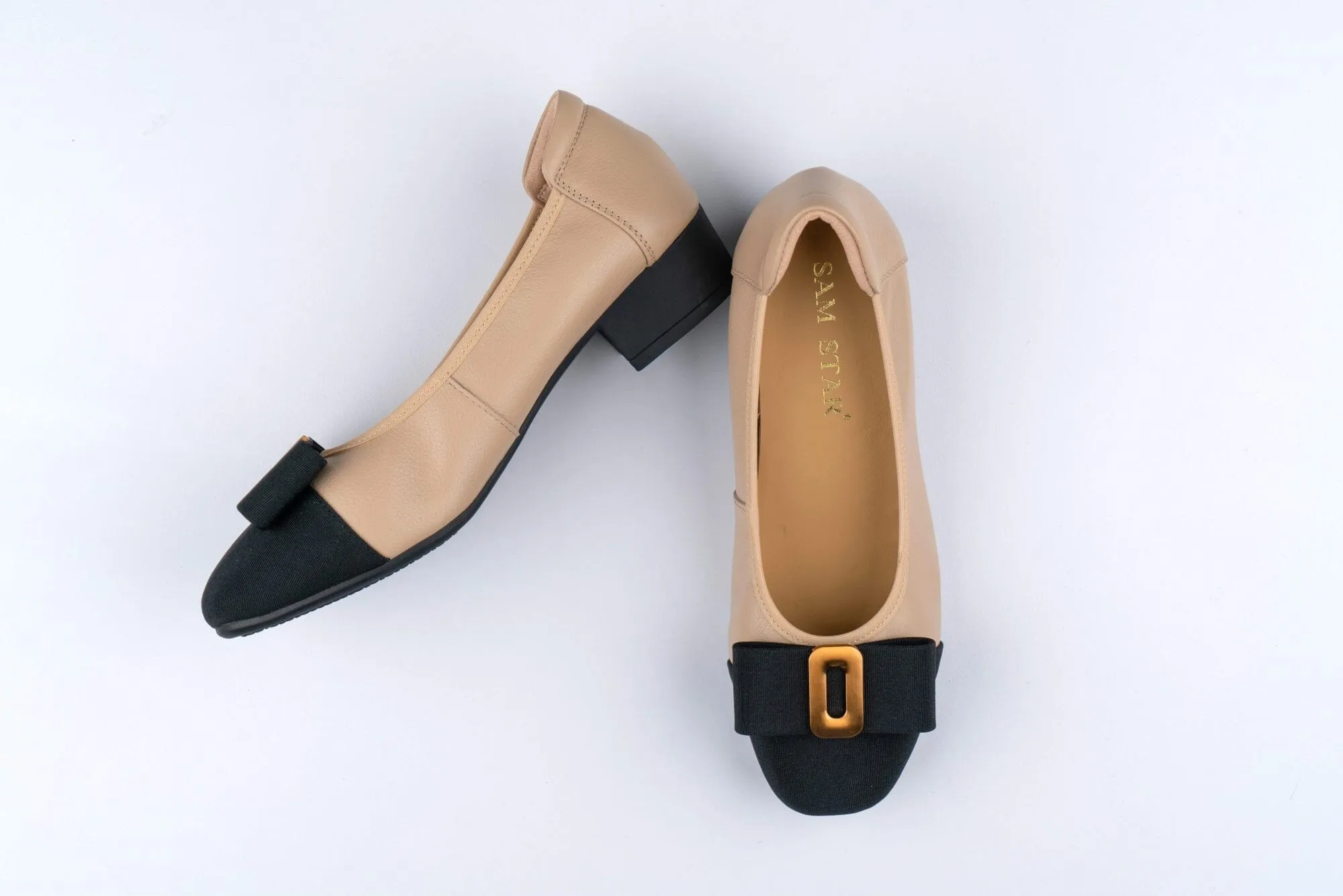 SS23002 Leather pumps with bow& gold buckle block heel ( new arrival)