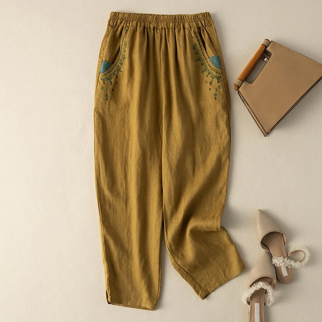 Starella Women's Casual Pants Embroidered Harem Carrot Trousers with Pockets