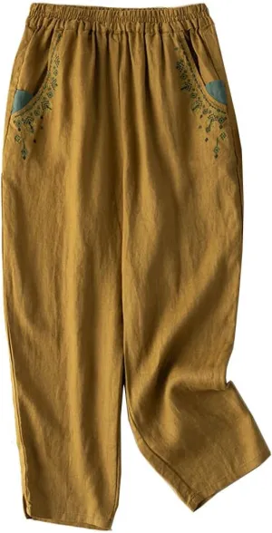 Starella Women's Casual Pants Embroidered Harem Carrot Trousers with Pockets