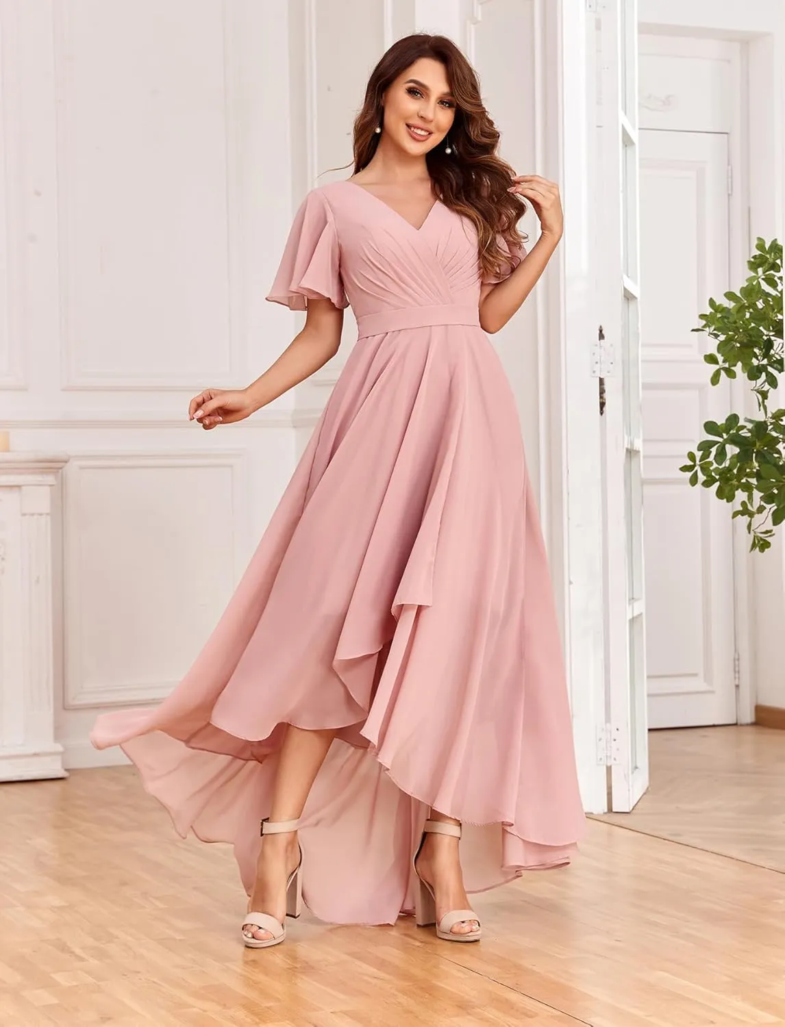 Sukleet Women's Flutter Sleeve Bridesmaid Dresses with Pockets High Low Formal Dress