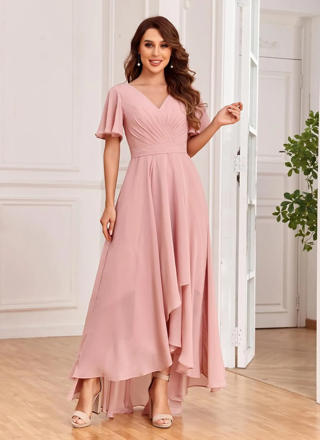 Sukleet Women's Flutter Sleeve Bridesmaid Dresses with Pockets High Low Formal Dress