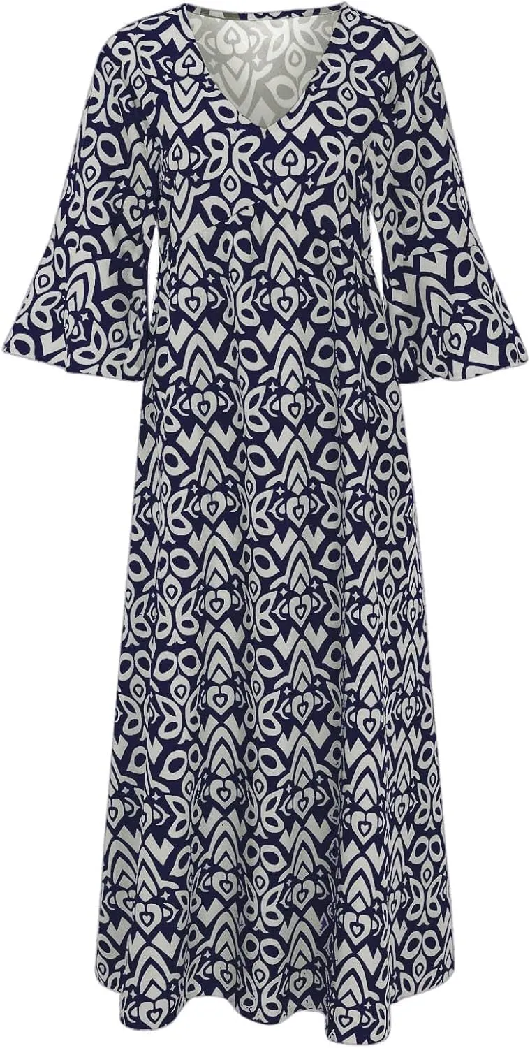 Summer Boho Midi Dresses for Women 2024 Casual Floral V Neck Wrap 3/4 Sleeve Dresses Plus Size Flowy Long Beach Dress