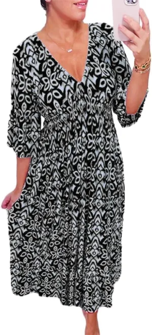 Summer Boho Midi Dresses for Women 2024 Casual Floral V Neck Wrap 3/4 Sleeve Dresses Plus Size Flowy Long Beach Dress