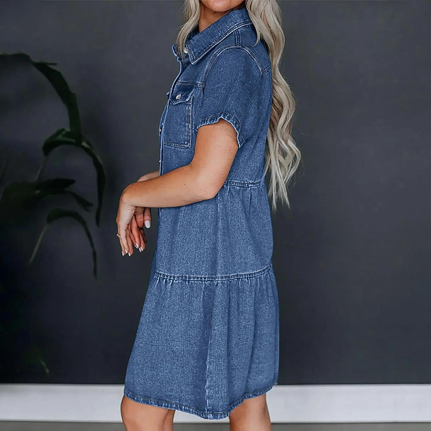 Summer Denim Shirt Dresses Womens Lapel Button Down Short Sleeve Tunic Dress Casual Loose Fit Jean Knee Length Dress